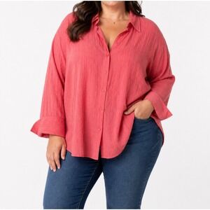 Avenue Women 22/24 Coral Pink Textured Cotton Button Down Shirt